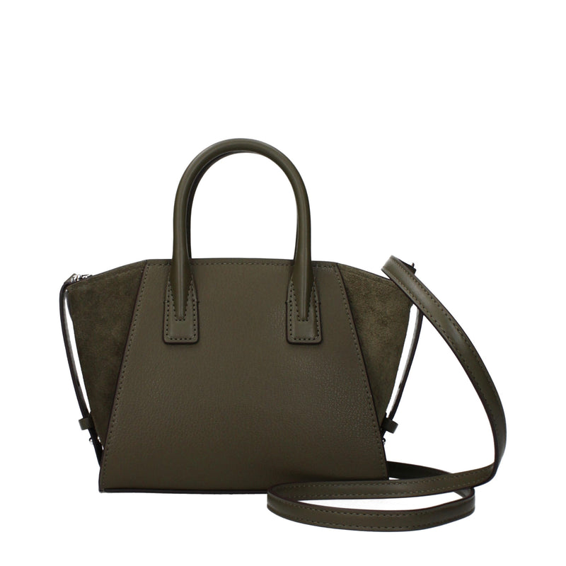 Olive green leather and suede satchel handbag with dual top handles and a shoulder strap