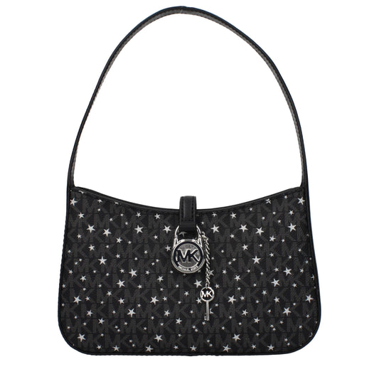 Black fabric Michael Kors shoulder bag with white stars and silver padlock charm