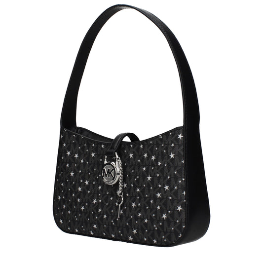 Michael Kors black fabric shoulder bag with star pattern and silver logo lock charm