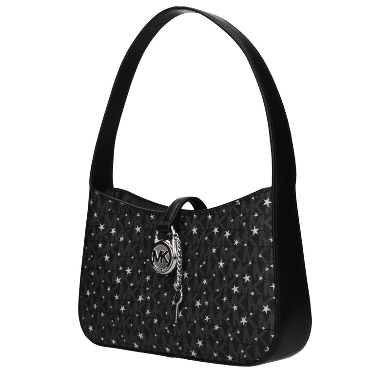 Michael Kors black fabric shoulder bag with star pattern and silver logo lock charm