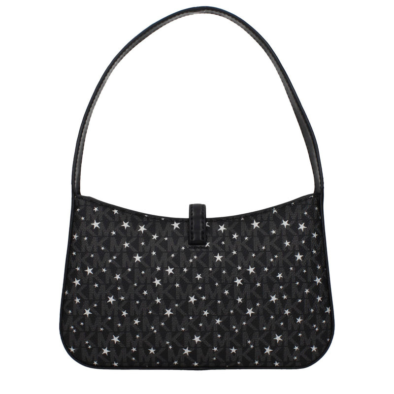 Black fabric shoulder handbag with a white star and MK monogram print and black leather strap