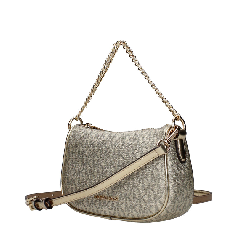 Gold monogram fabric handbag with chain strap and leather crossbody strap