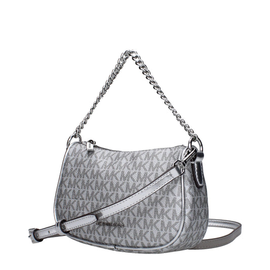 Gray monogram canvas Michael Kors handbag with silver chain and leather straps