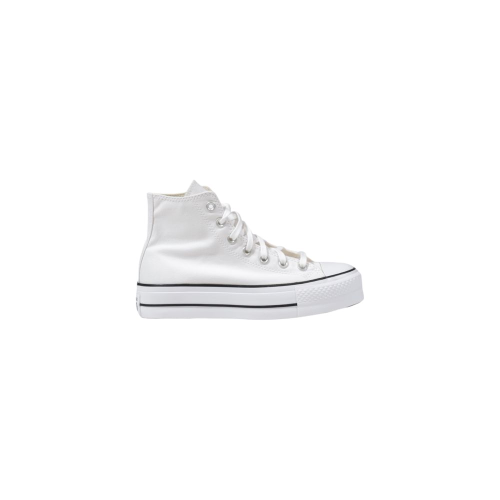 White canvas high-top platform sneaker with white laces and black stripes on the sole.