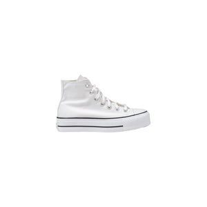White canvas high-top platform sneaker with white laces and black stripes on the sole.