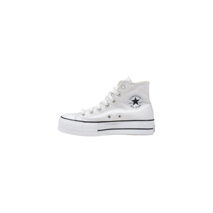 White Converse Chuck Taylor high-top sneaker with a thick platform sole and black pinstripe detailing.