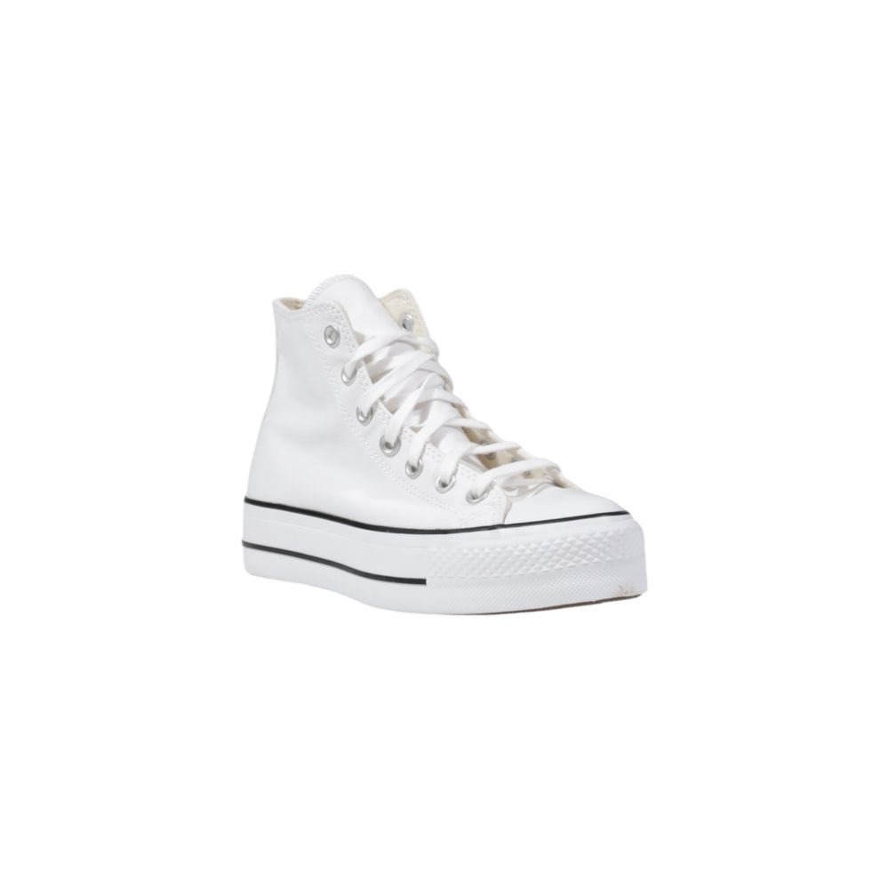 White high-top platform sneaker with matching laces, metal eyelets, and a black striped rubber sole.
