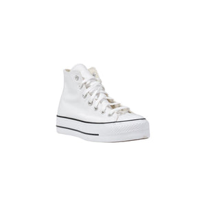 White high-top platform sneaker with matching laces, metal eyelets, and a black striped rubber sole.