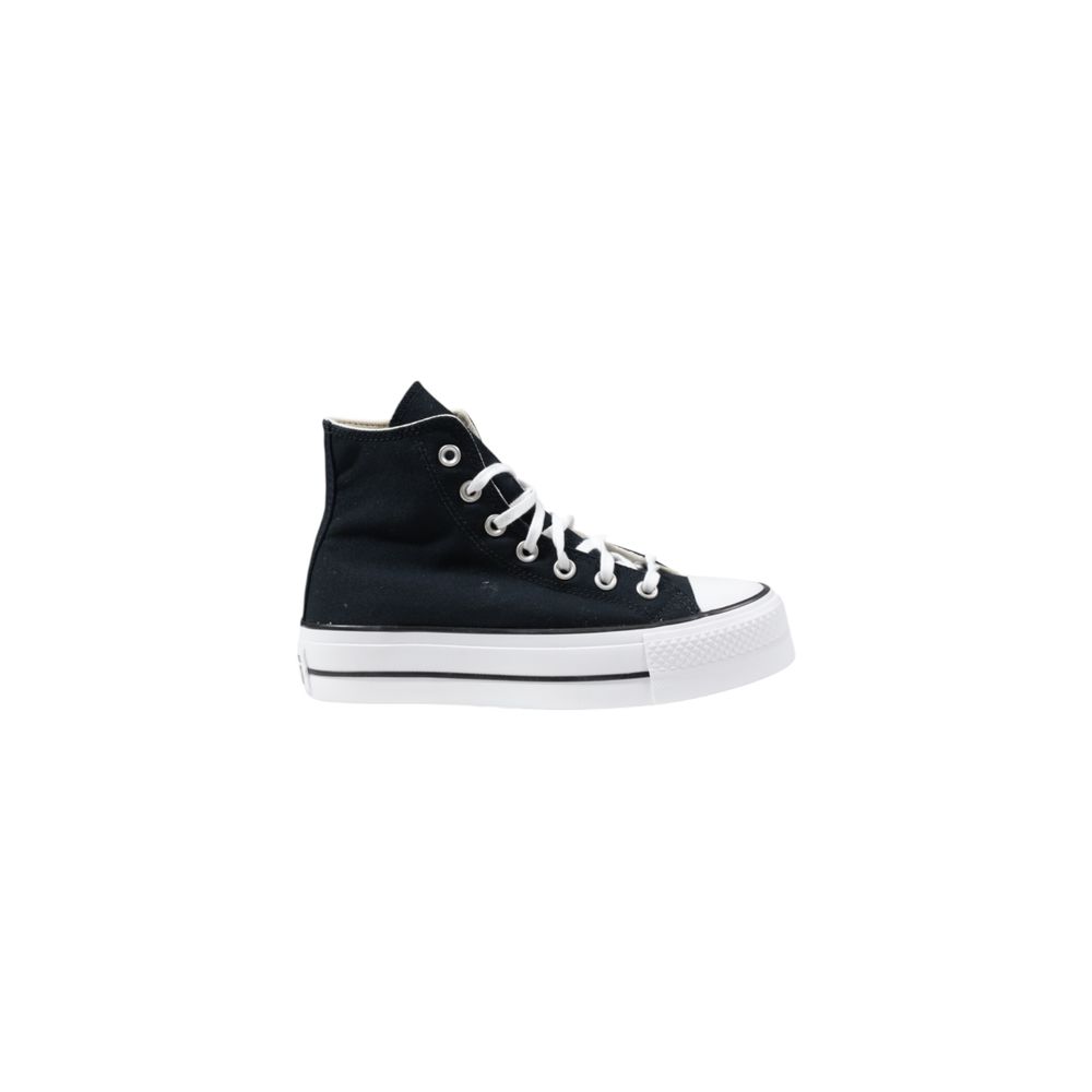 Black high-top sneaker with white laces on a white background