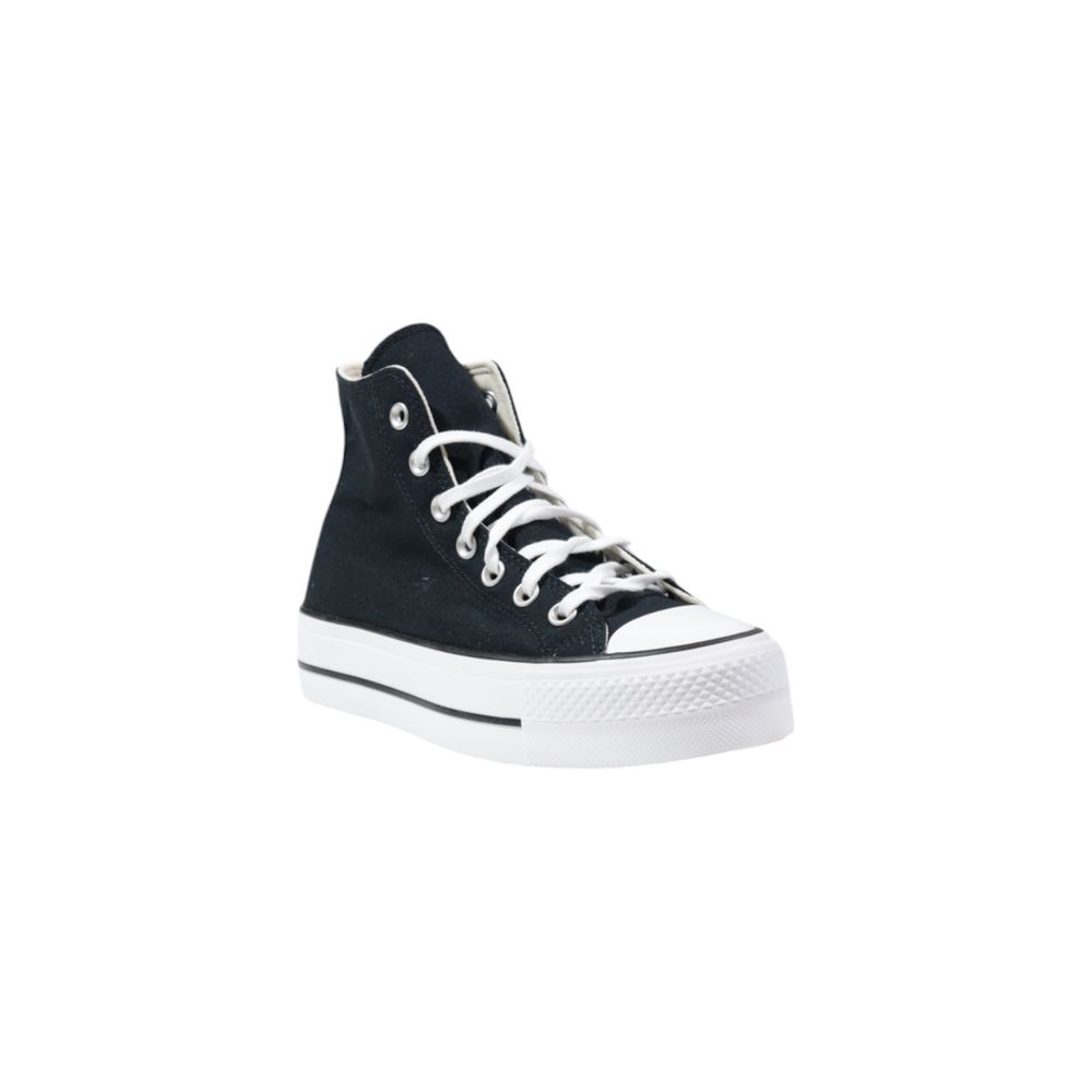 Black high-top sneaker with white laces on a white background