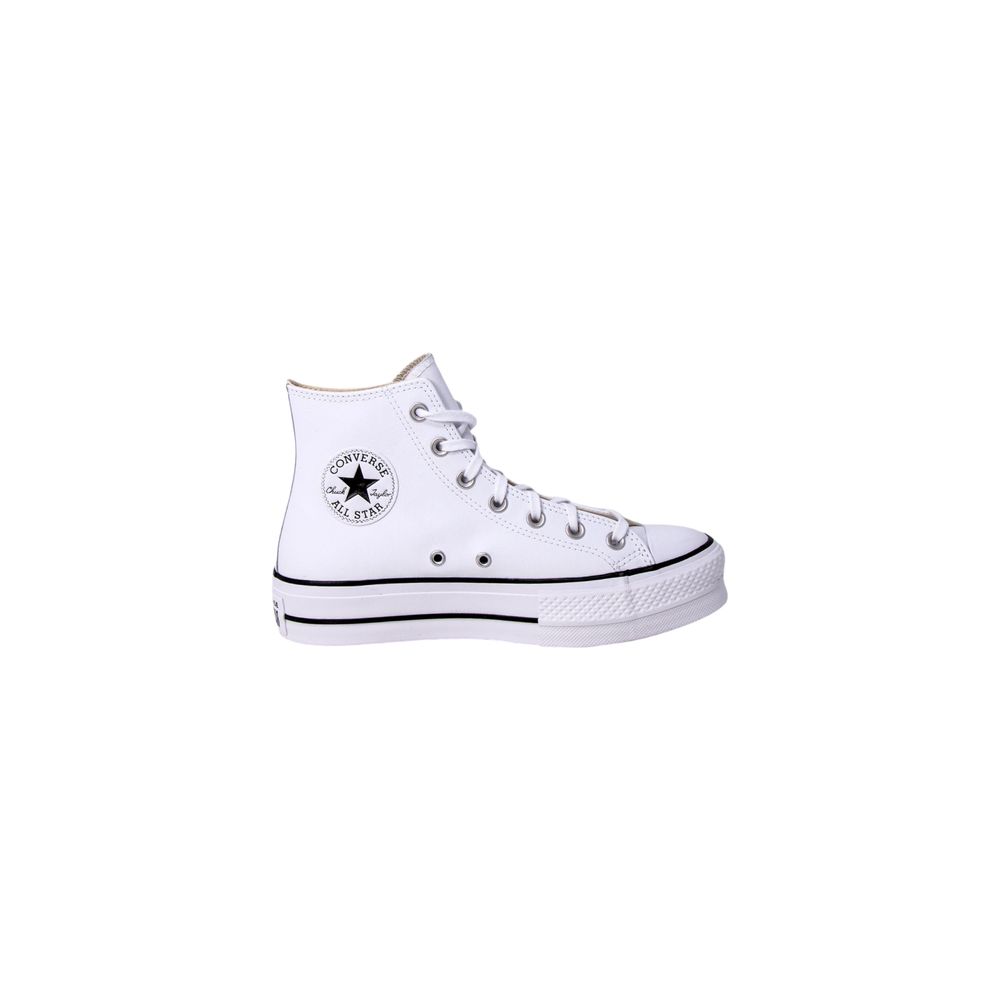 White Converse Chuck Taylor high-top platform sneaker with leather upper and classic circular logo patch on the side.