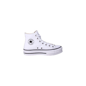 White Converse Chuck Taylor high-top platform sneaker with leather upper and classic circular logo patch on the side.