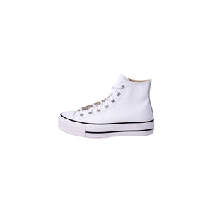 White leather high-top sneaker with a thick platform sole and thin black stripes, isolated on white.