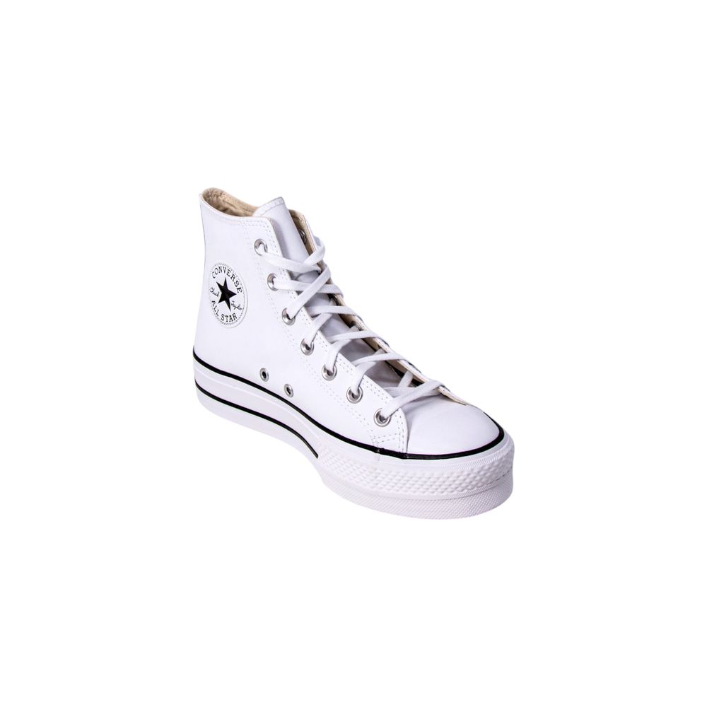 White leather Converse high-top sneaker with a chunky platform sole and classic black logo patch on the side.