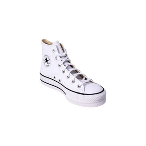 White leather Converse high-top sneaker with a chunky platform sole and classic black logo patch on the side.