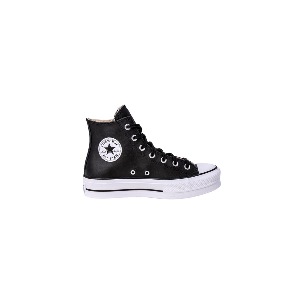 Black leather Converse Chuck Taylor high-top sneaker with a chunky white platform sole and white laces.