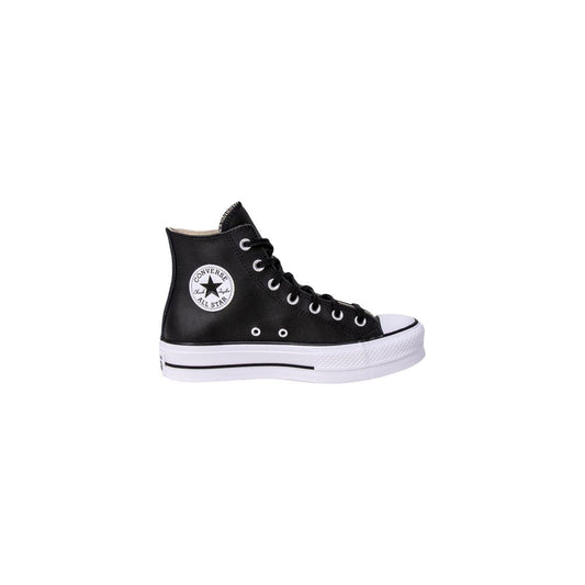 Black polyethylene high-top platform sneakers with black laces, white rubber toe cap, and All Star ankle patch.