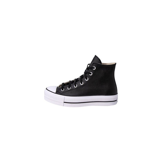 Black high-top sneakers in faux leather with white platform soles, laces, and silver eyelets.