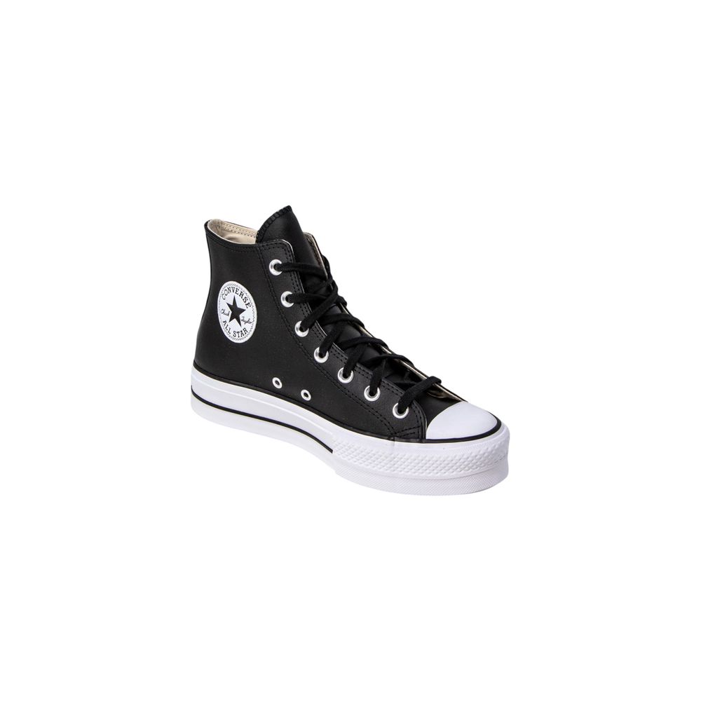 Black leather Converse high-top sneaker with a chunky white platform sole and silver eyelets.