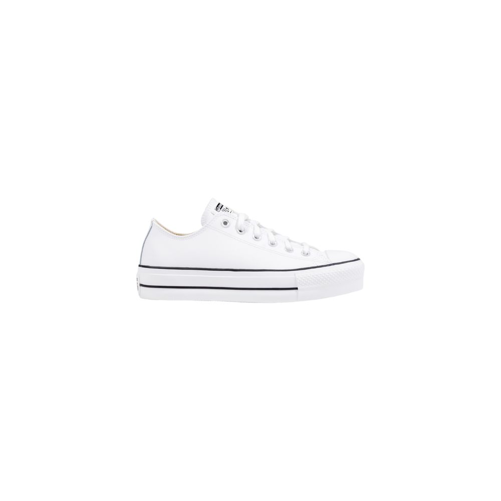 White leather low-top Converse platform sneaker with a thick white rubber sole and black pinstripe detailing.
