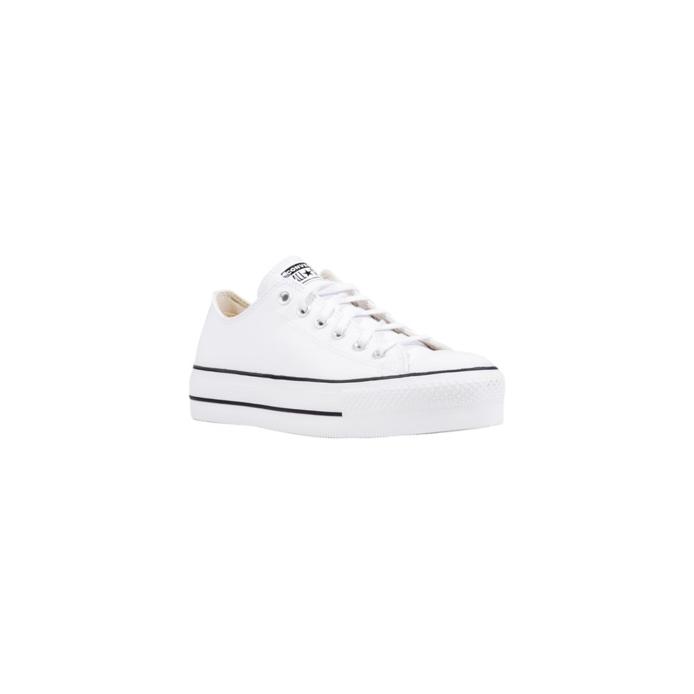 White leather Converse platform sneakers with a lace-up low-top design and black pinstripe detailing.
