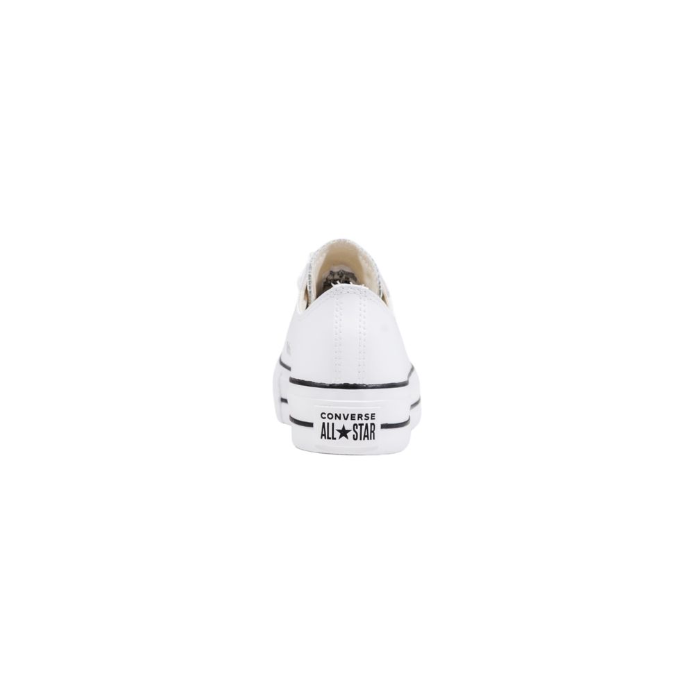 Back view of white leather Converse platform sneakers with black stripe detail and All Star logo on heel.