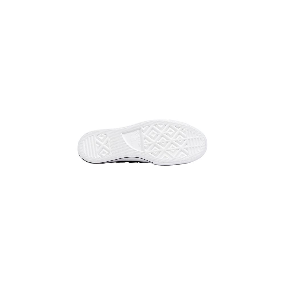 Bottom view of a black leather Converse low-top sneaker featuring a white rubber diamond-tread sole.