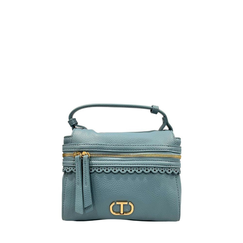 Twinset blue PU women handbag with top handle and gold zipper