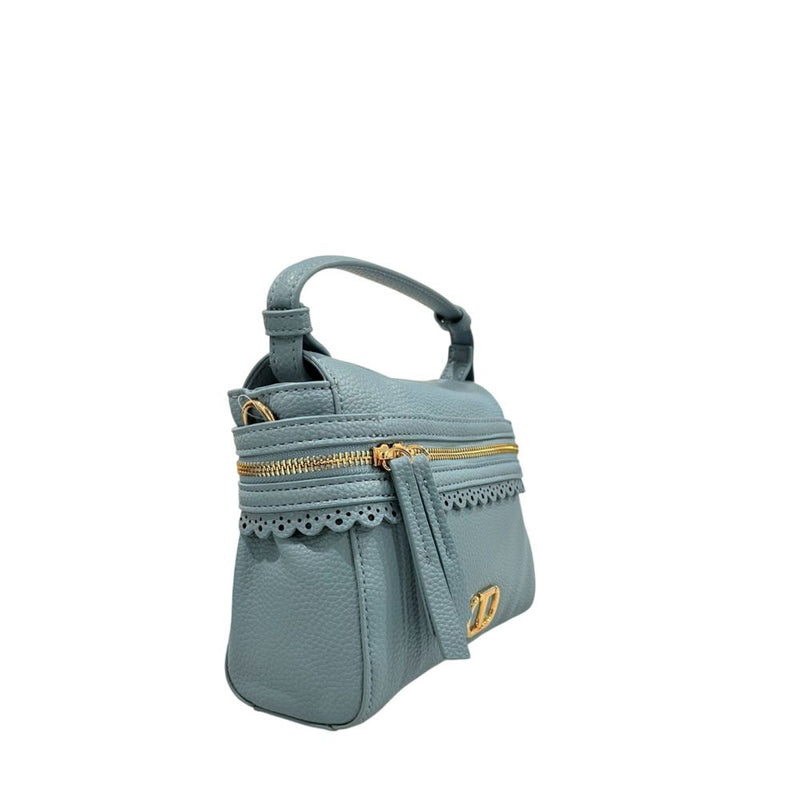 Light blue PU leather handbag with a top handle, gold zipper, and decorative scalloped trim