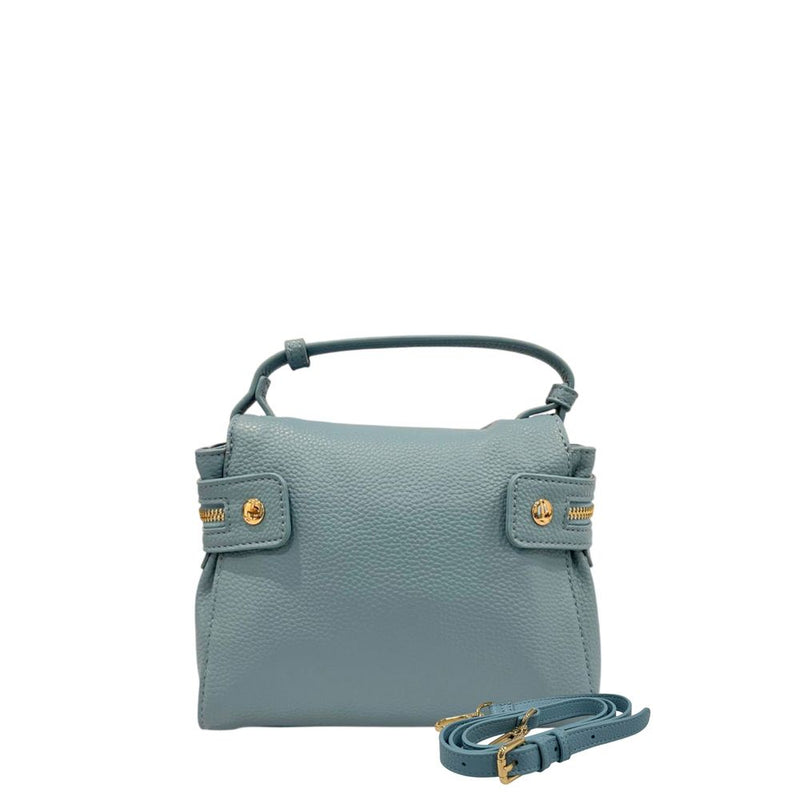 Blue PU leather women's handbag with a top handle and gold hardware accents