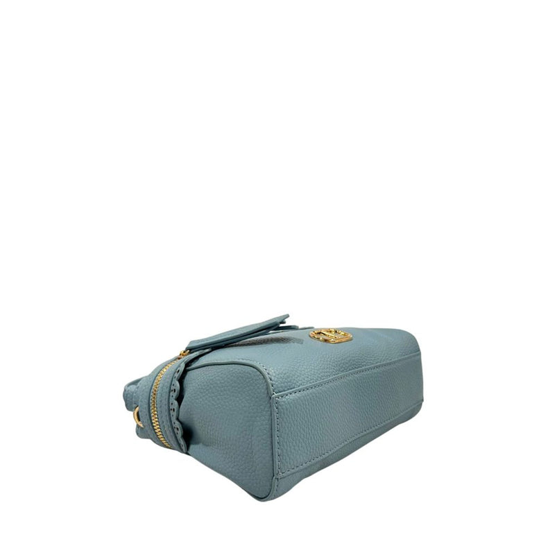 Light blue textured PU leather women handbag with gold hardware and zipper closure