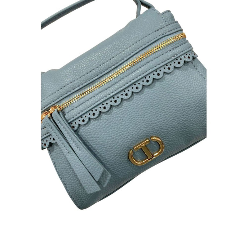 Light blue textured PU leather handbag with gold zipper and logo clasp
