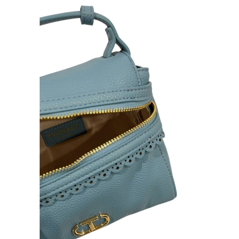 Blue PU leather women's handbag with top handle, gold zipper, and scalloped trim