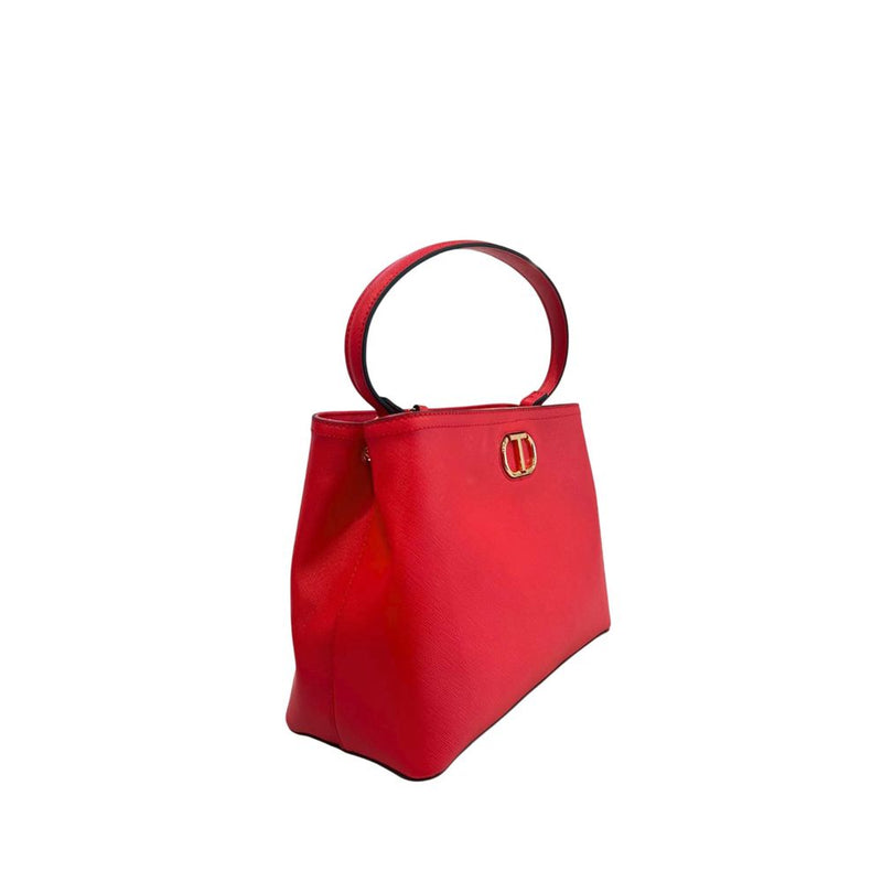 Red textured PU leather structured handbag with top handle and gold logo hardware