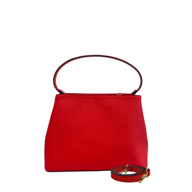 Red PU leather structured handbag with top handle and detachable strap