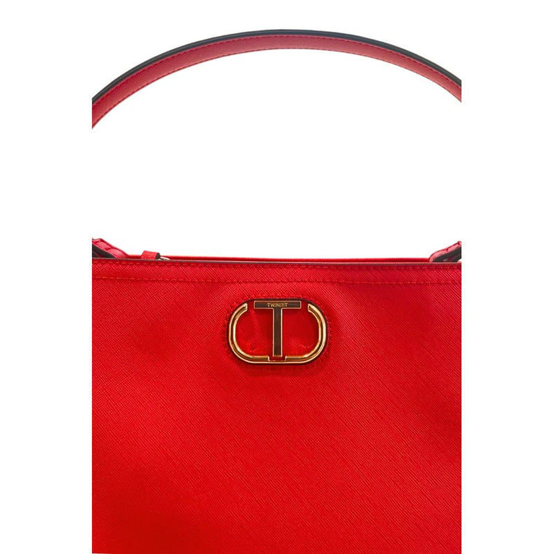 Red faux leather structured handbag with gold logo hardware and top handle