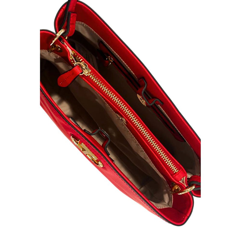 Red PU leather twinset handbag viewed from above showing open zipped compartments