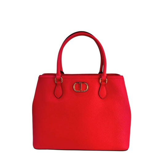 Red PU leather structured women's handbag with top handles and gold hardware