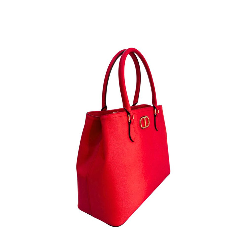 Red PU leather structured handbag with dual top handles and gold hardware