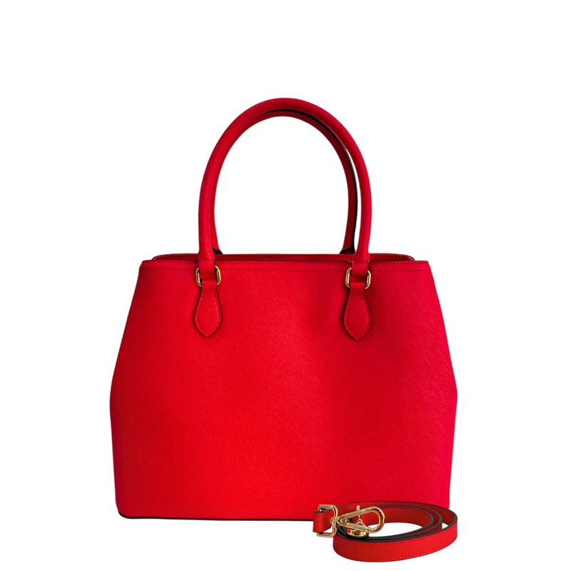 Red PU leather structured women handbag with dual top handles and gold hardware