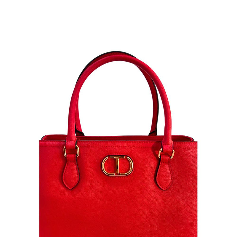 Red PU leather women handbag with two handles and gold metal logo