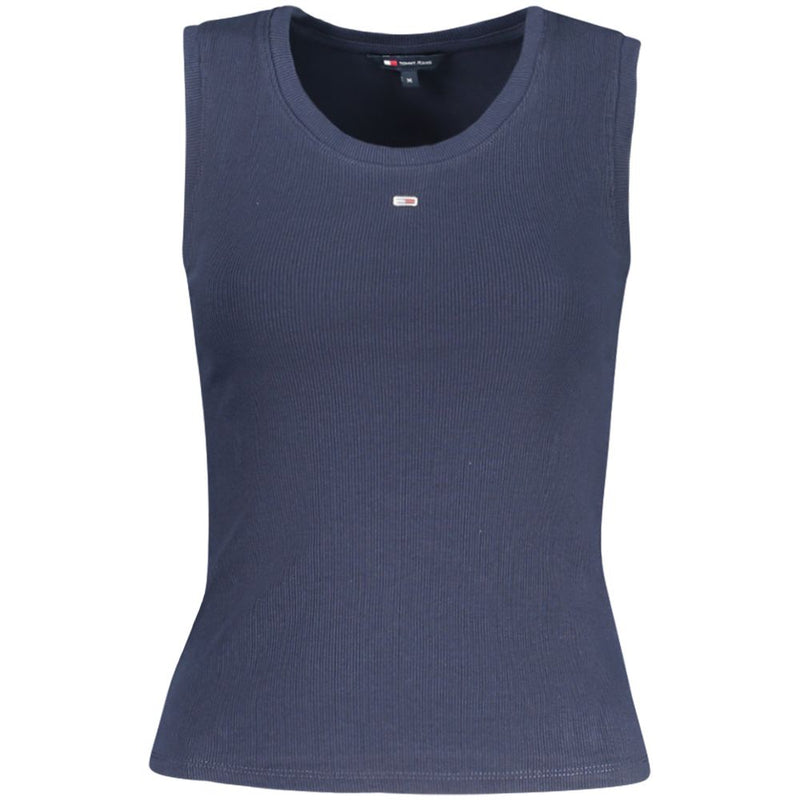 Blue ribbed cotton women's tank top with a scoop neckline and small logo detail