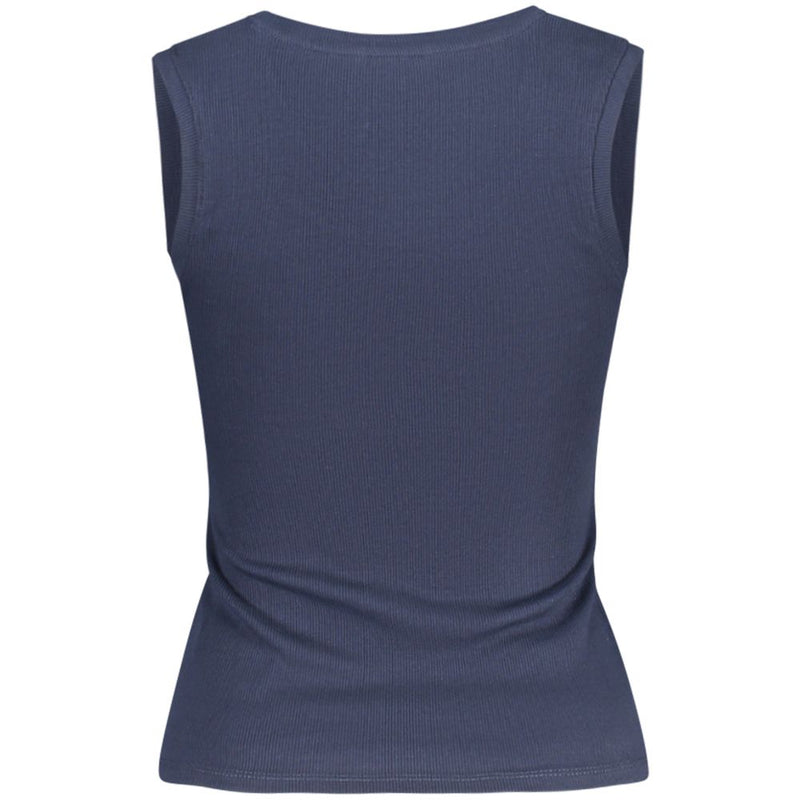 Blue ribbed cotton women's tank top viewed from the back