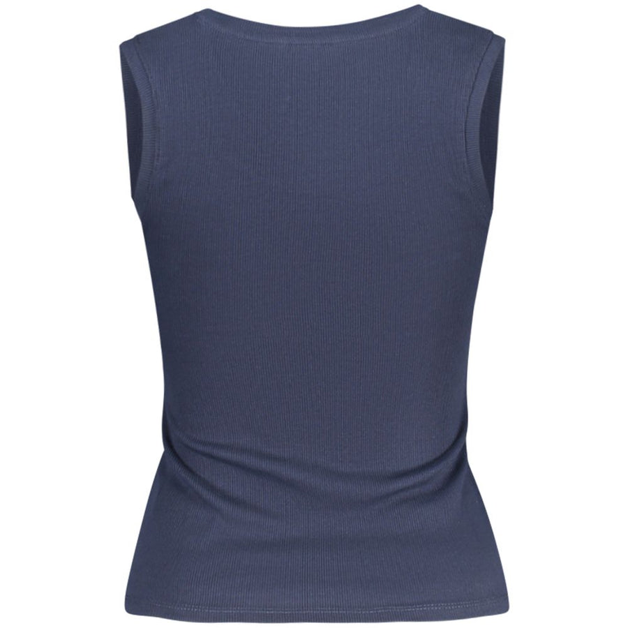 Blue ribbed cotton women's tank top with a scoop neckline and small logo detail