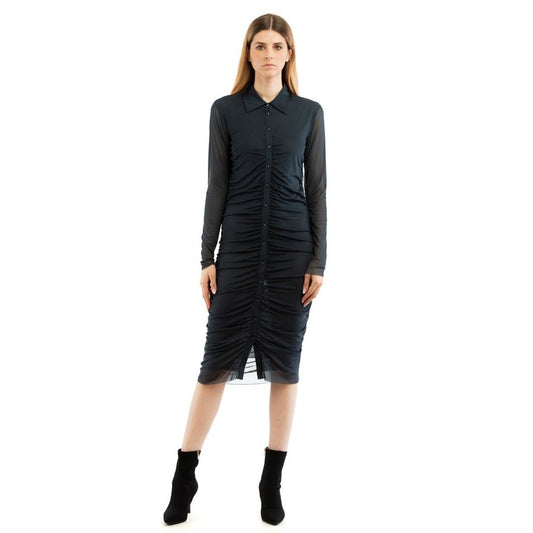 Dark blue ruched midi shirt dress in sheer polyester with long sleeves and a button-down front worn with black boots