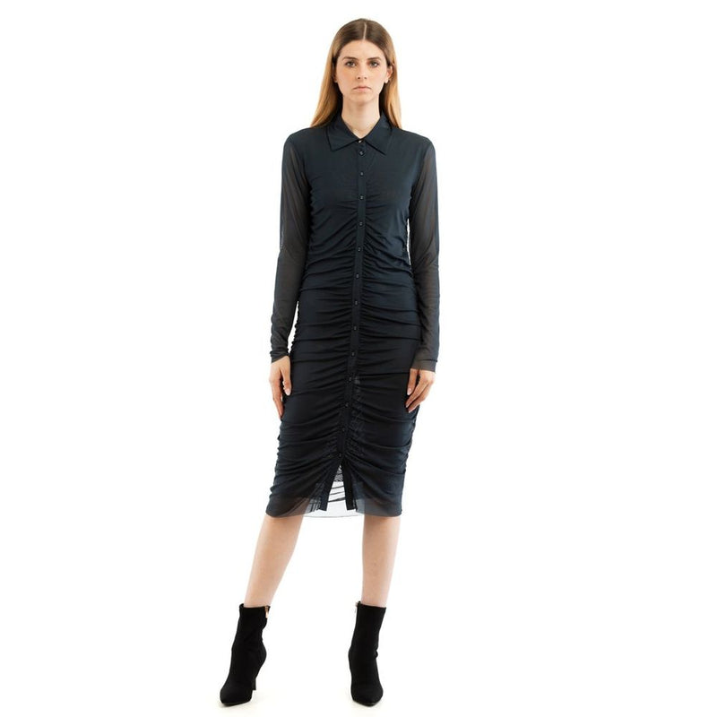 Dark blue ruched midi shirt dress in sheer polyester with long sleeves and a button-down front worn with black boots