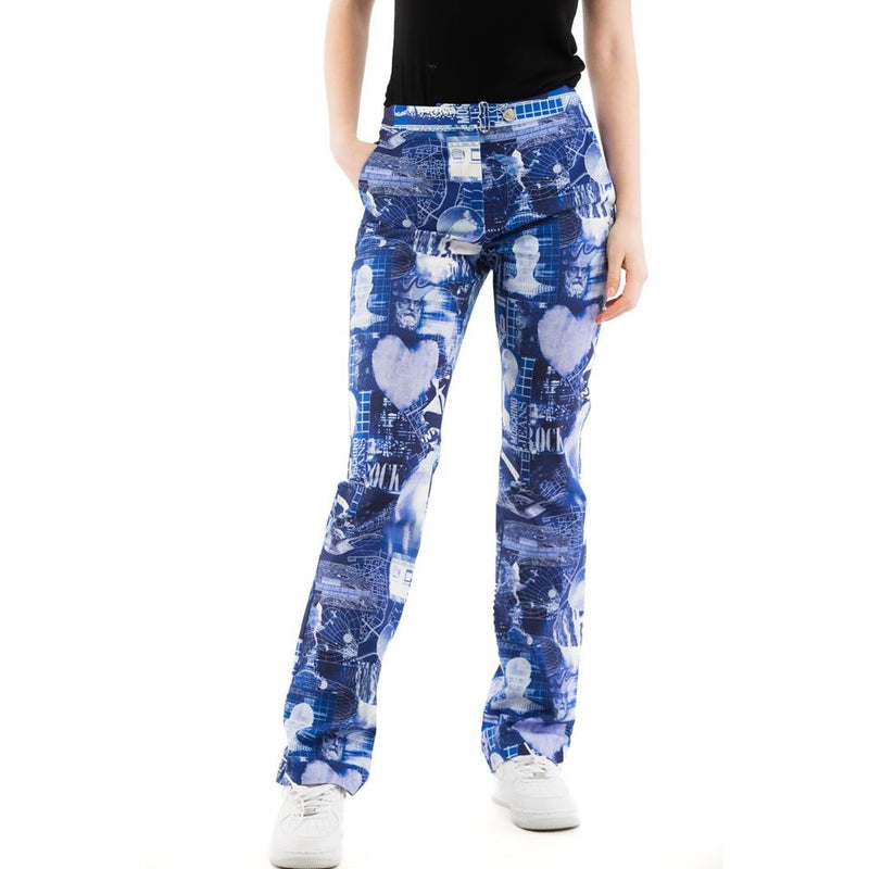 Blue and white cotton casual pants with an all-over printed graphic pattern