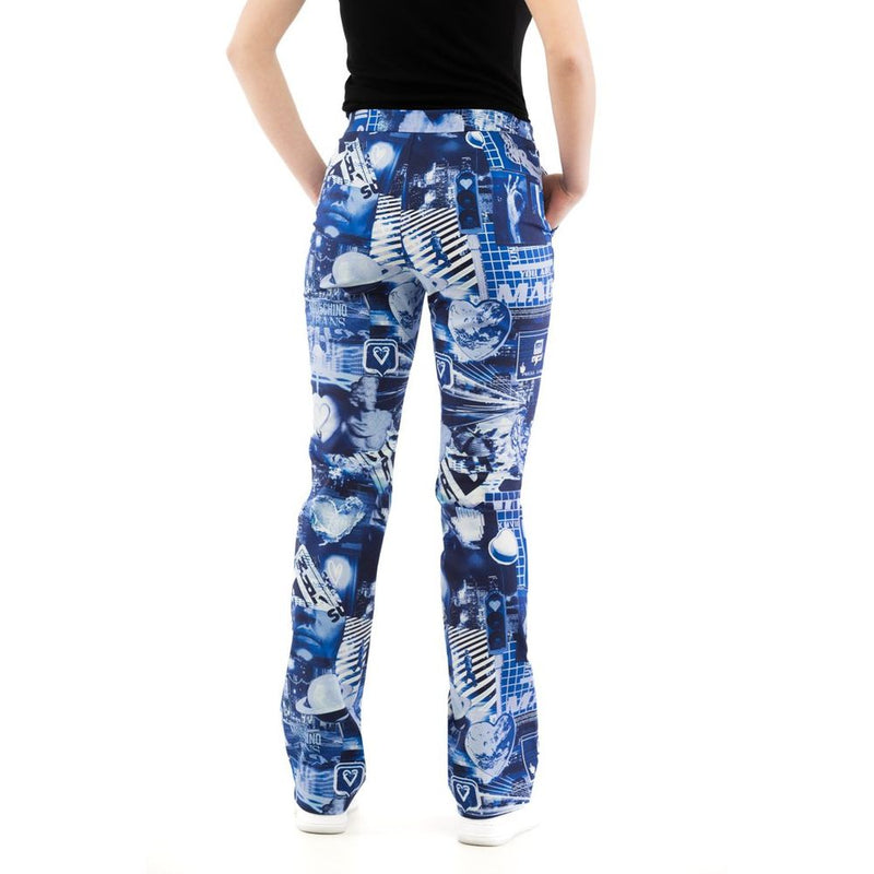 Moschino blue cotton casual pants with white collage graphics