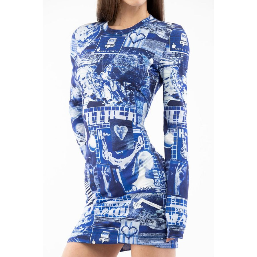 Blue and white printed cotton long-sleeve casual mini dress