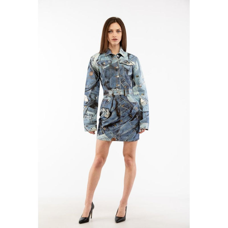 Multicolor cotton denim print long-sleeve casual dress with a matching belt and front buttons